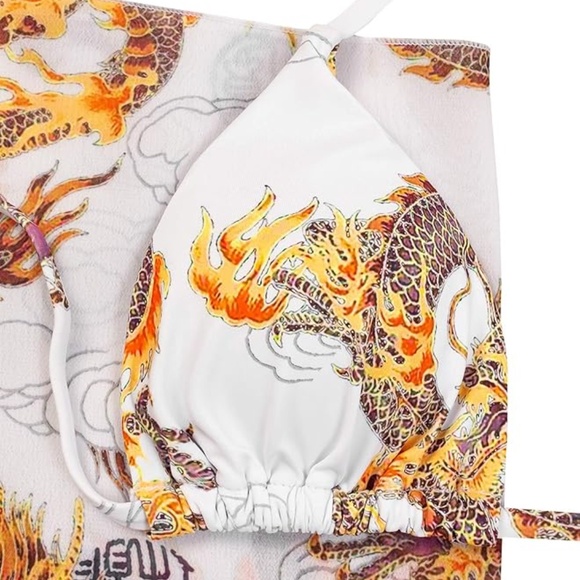 3 Piece Tie-Up Halter Triangle Bikini Set with Skirt Dragon Design in White - Picture 5 of 8